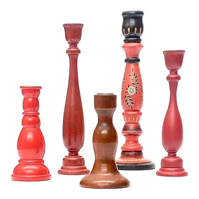 Multi-Toned Red Wooden Candle Holder Curation - Group of 5 For Sale