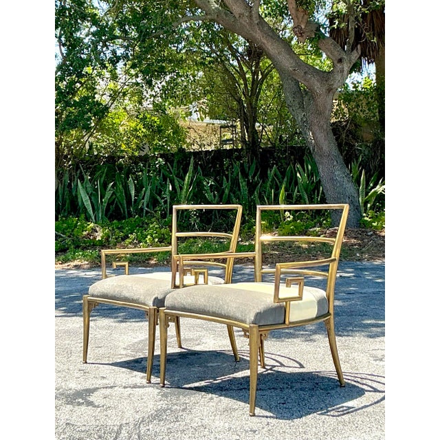 Brass Vintage Regency Greek Key Brass Lounge Chairs After Mastercraft - A Pair For Sale - Image 8 of 12
