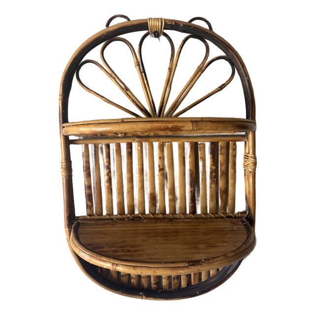 Vintage Burnt Bamboo Folding Wall Shelf, Italian Riviera Franco Albini Style For Sale