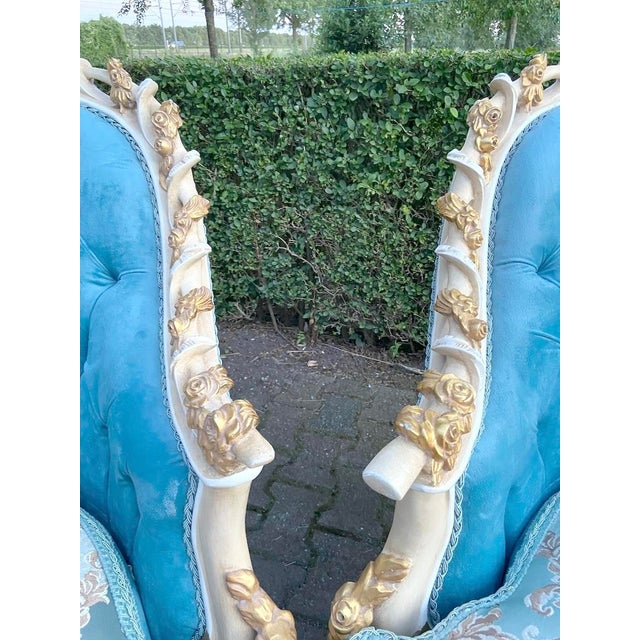 1970s French Louis XVI–Style Bergère Chairs – Turquoise Velvet (Pair) This exceptional pair of French Louis XVI–style...