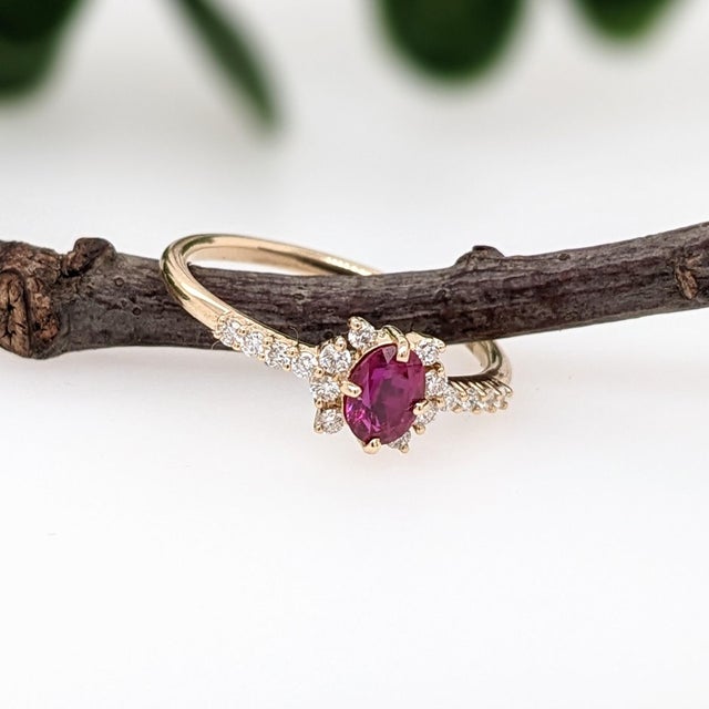 Metal Dainty Red Ruby Ring W Earth Mined Diamonds in Solid 14k Gold | Oval 5.3x4mm, Size 6.75 For Sale - Image 7 of 9