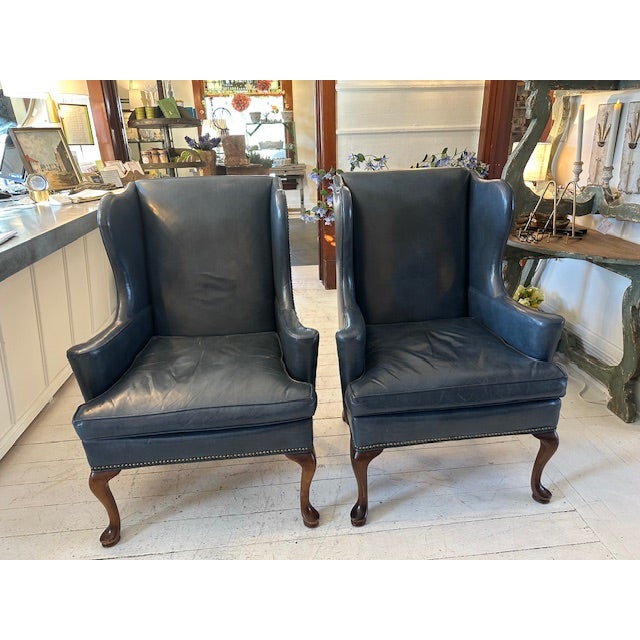 Cica 1970's Blue Leather Nail Head Trim Chair In A Timeless Design. This of chair is from Old Hickory Tannery, Hickory...
