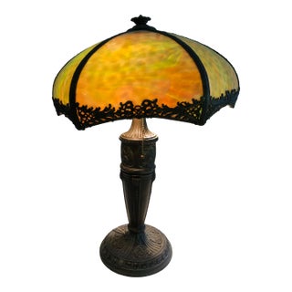 Antique Art Nouveau Slag Glass Lamp Watermelon Green Orange For Sale