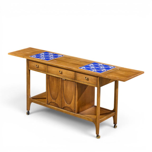 Broyhill Brasilia Mid Century Walnut Bird Tiles Bar Cart For Sale - Image 11 of 12