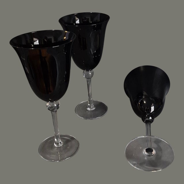 Late 20th Century Vintage Mid-Century Modern Black Dark Amethyst Clear Stem Goblets Glasses - Set of Six For Sale - Image 5 of 7