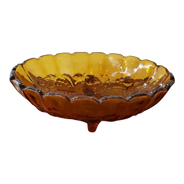 Vintage Indiana Amber Glass Grapes and Leaves Motif Oval Footed Serving Bowl For Sale