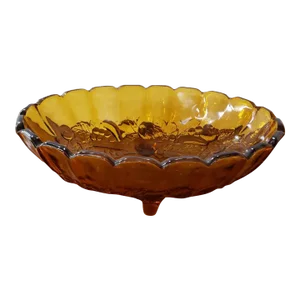 Vintage Indiana Amber Glass Grapes and Leaves Motif Oval Footed Serving Bowl
