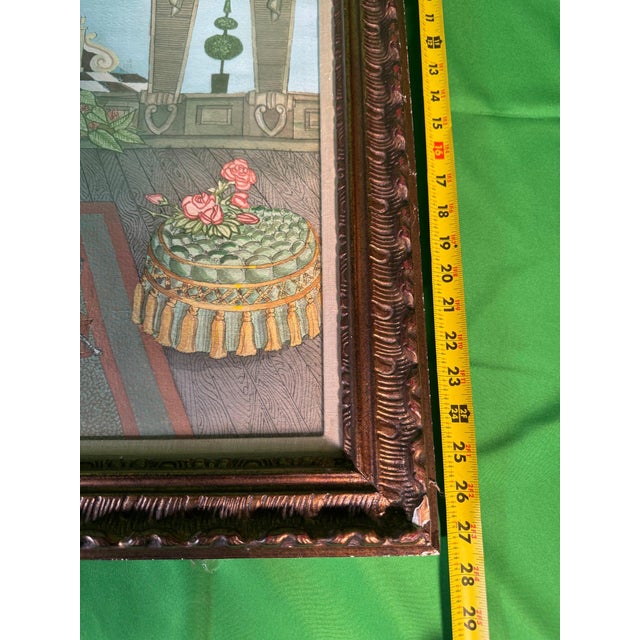 Late 20th Century Late 20th Century Deco Revival Watercolor, Terrace With Reclining Nude, Gramophone and Goodyear Blimp For Sale - Image 5 of 6