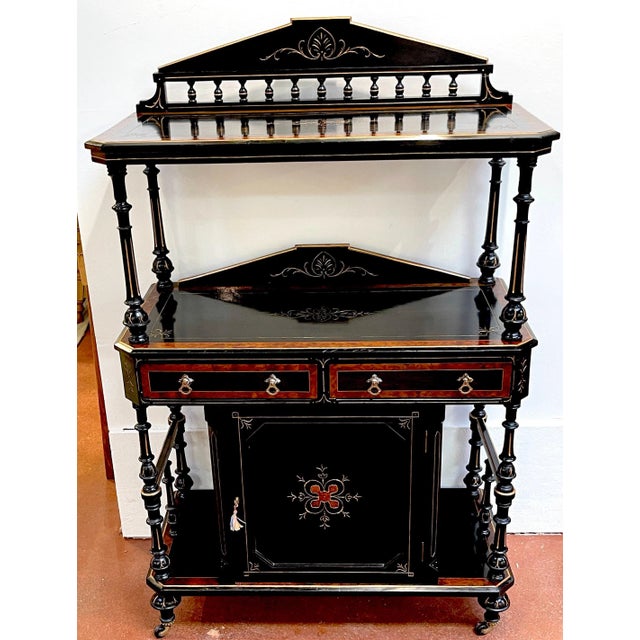 Late 19th Century High Victorian Burl, Gloss Ebonized & Gilt 3 Tier Cabinet / Dry Bar/ Etagere For Sale - Image 5 of 12