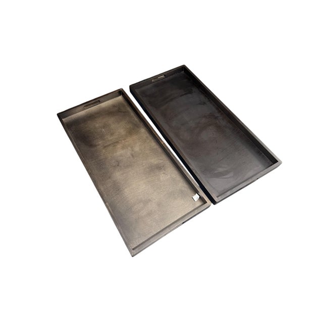 Animal Skin Arhaus Camden Collection Butler Leather Ottoman in Slate Showroom Sample For Sale - Image 7 of 11