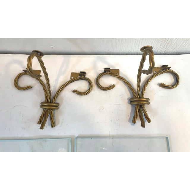 Mid 20th Century Vintage Hollywood Regency Gold Twisted Metal and Glass Wall Shelves - a Pair For Sale - Image 5 of 6