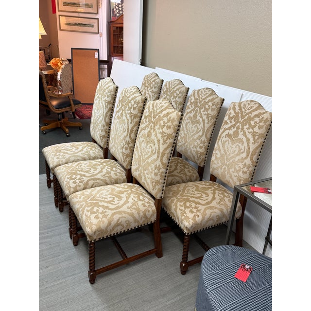 French Louis XIII Style High Back Damask Dining Chairs, Set of Seven For Sale In San Francisco - Image 6 of 12
