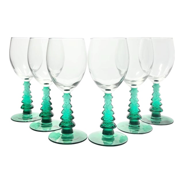Vintage Green Christmas Tree Stem Wine, Water or All Purpose Glasses - Set of 6 For Sale