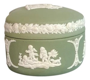 Vintage Green Wedgwood Jasperware Classical Trinket Box With White Reliefs