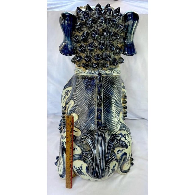Blue 24" Nanking Blue White Porcelain Chinese Temple Guardian Lion Foo Dog Sheshi, Canonbury For Sale - Image 8 of 16
