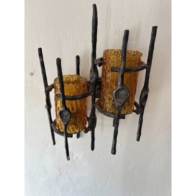 Amber Tom Ahlström & Hans Ehrlich Brutalist Torch Amber Murano Glass Sconces 1950 For Sale - Image 8 of 9