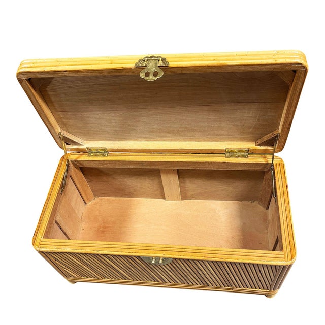 Restored Mid-Century Split Reed Rattan & Pine Trunk W/ Brass Paktong Latch For Sale - Image 4 of 13