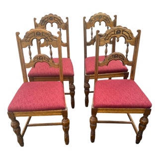 Antique Spanish Revival Oak Dining Chairs With New Burgundy Seat Upholstery - Set of 4 - Circa 1920s For Sale