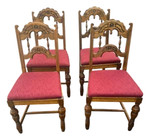 Antique Spanish Revival Oak Dining Chairs With New Burgundy Seat Upholstery - Set of 4 - Circa 1920s
