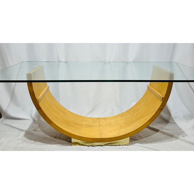 Vintage Late Mid Century Era Post Modern Art Deco Style Arched Wooden Table Base on Brass Plinth with Heavy (5/8th inch)...