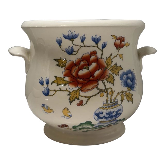Vintage Mason’s Ironstone Vase With Floral Design and Handles For Sale