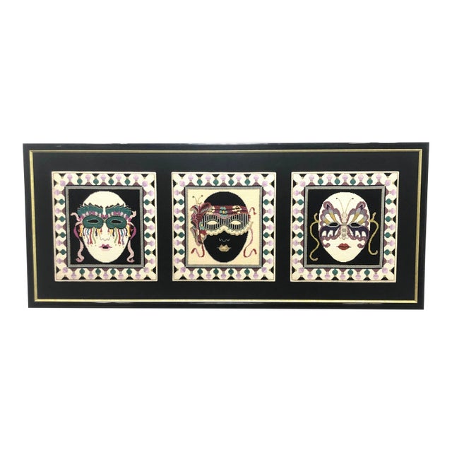 Long 1980s Needlepoint Textile Wall Art | Mardi Gras Carnival Masks For Sale