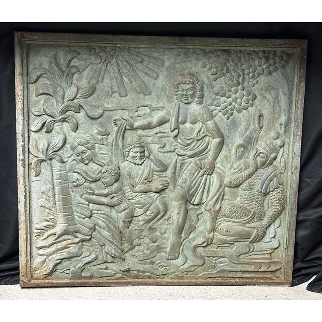 Late 19th Century Antique Cast Iron Figural Fireback With Verdigris Patina For Sale - Image 5 of 8