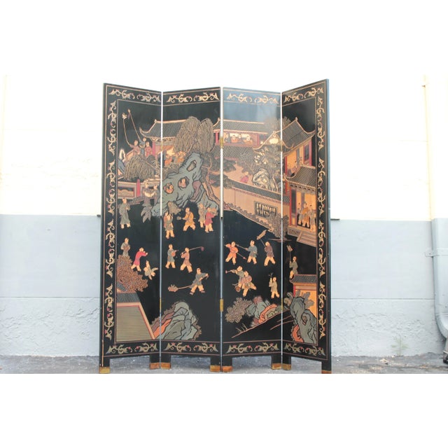 c. 1940's Chinese Hollywood Regency Room Divider Screen. Beautifully crafted and hand-painted figural scenes. Please look...