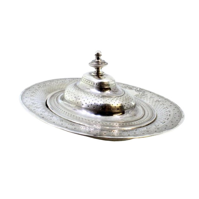 Oval Butter Dish in Guilloche Silver with Elliptical Grooved Knob Lid and Monogram Card For Sale - Image 10 of 10