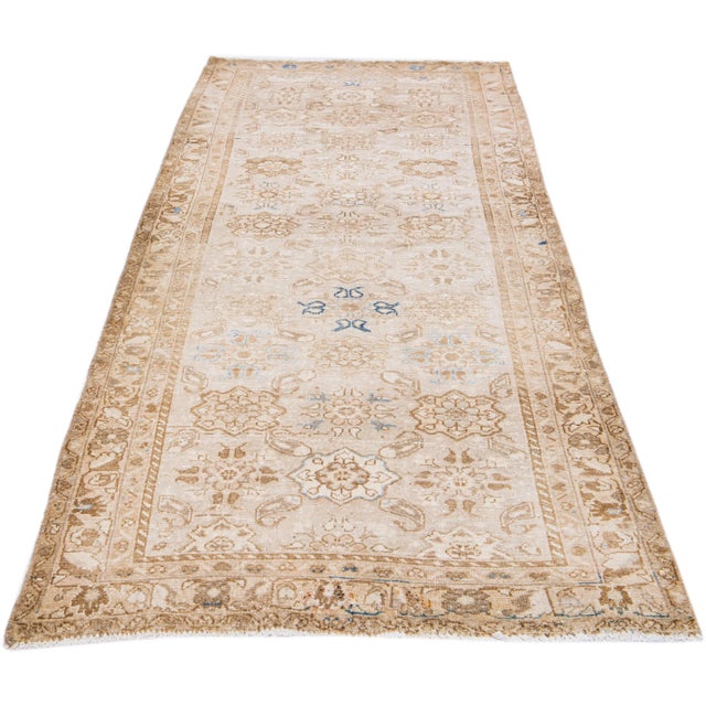 Shabby Chic 1960s Vintage Malayer Shabby Chic Handmade Floral Beige Wool Runner For Sale - Image 3 of 8