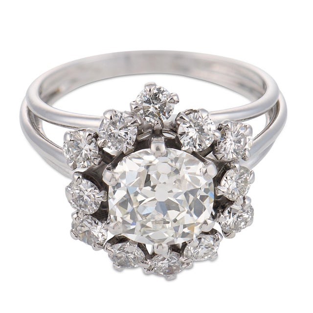 Mid-Century Modern French Mid Century Gia 1.81 Carat Old Mine Diamond 18k White Gold Ring, Size 6 For Sale - Image 3 of 6