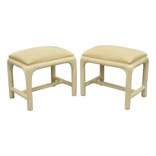 Vintage Hollywood Regency Rattan Pencil Reed Stools by American Drew - A Pair For Sale