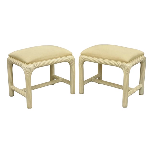 Vintage Hollywood Regency Rattan Pencil Reed Stools by American Drew - A Pair For Sale