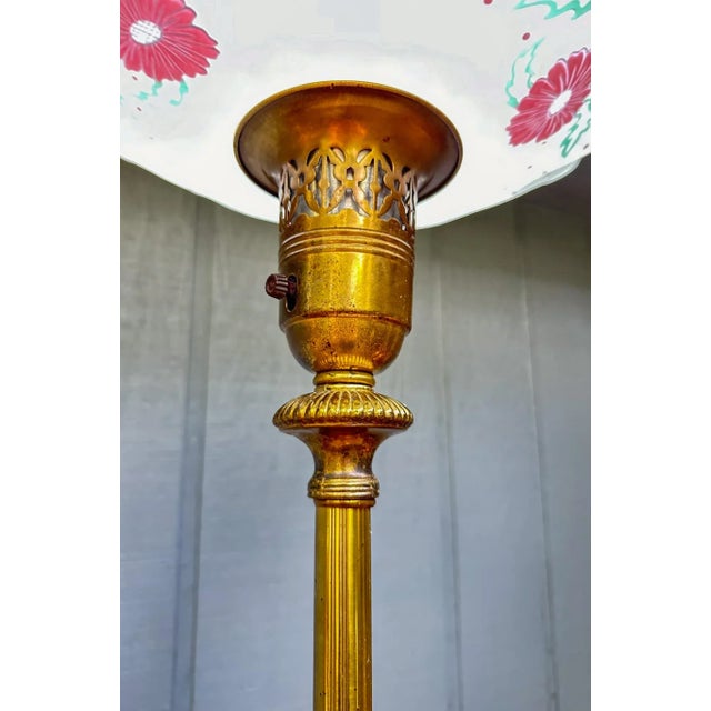 Art Deco 1940s Brass Floor Lamp With Onyx and Flared Torchiere Shade For Sale - Image 3 of 10