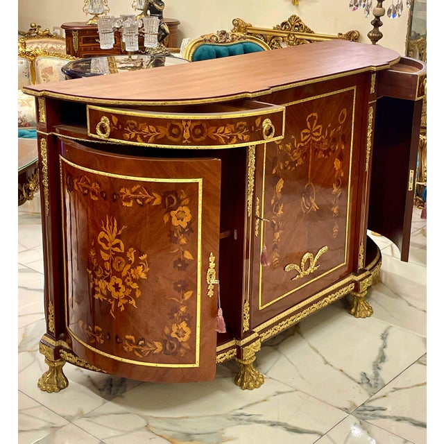 French Grand French Louis XVI-Style Commode – Floral Marquetry, Marble Top & Gilded Decorative Details For Sale - Image 3 of 4