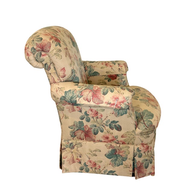 Cream 1990s Highland House Floral Slipcovered Swivel Armchair With Skirt & Casters For Sale - Image 8 of 12