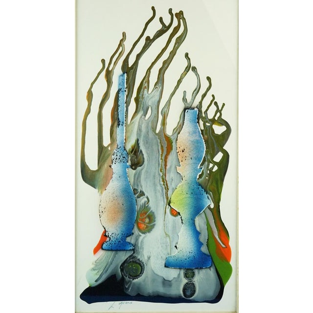 Item description: Painting detail, mixed media, oil and acrylic on cardboard, signed "L. Moreno" at the bottom, created by...