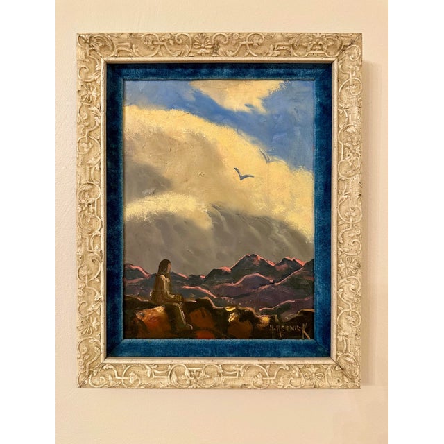 This original oil painting from Herman Rednick depicts a contemplative scene where a girl is sitting in nature overlooking...