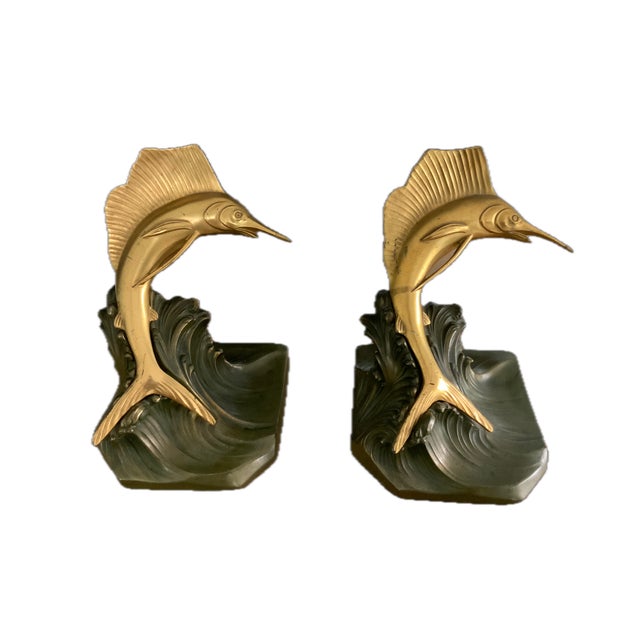 Gold Art Deco Vintage Jennings Bros Brass Marlin/Sailfish Bookends For Sale - Image 8 of 10
