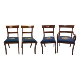 Mahogany Finish Dining Chairs With Floral Needlepoint Seats Set of 4 For Sale