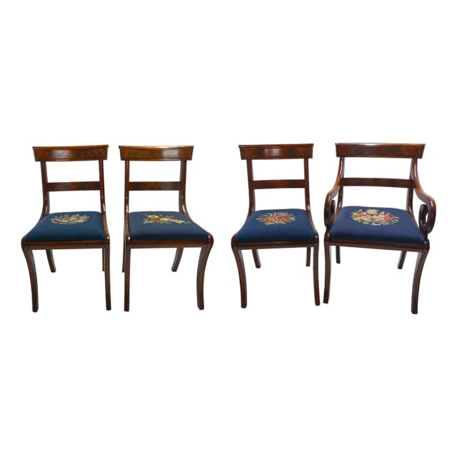 Mahogany Finish Dining Chairs With Floral Needlepoint Seats Set of 4 For Sale