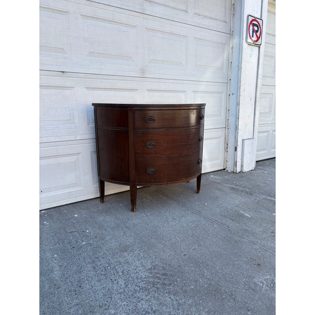 Traditional Vintage Mahogany Demilune Dresser| Federal Revival Bow Front Chest | Traditional Colonial Style Bedroom Storage Accent Furniture | Dark Wood For Sale - Image 3 of 12