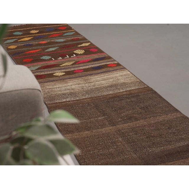 1970s Vintage Handmade Wool Cotton Brown Runner Rug For Sale - Image 9 of 11