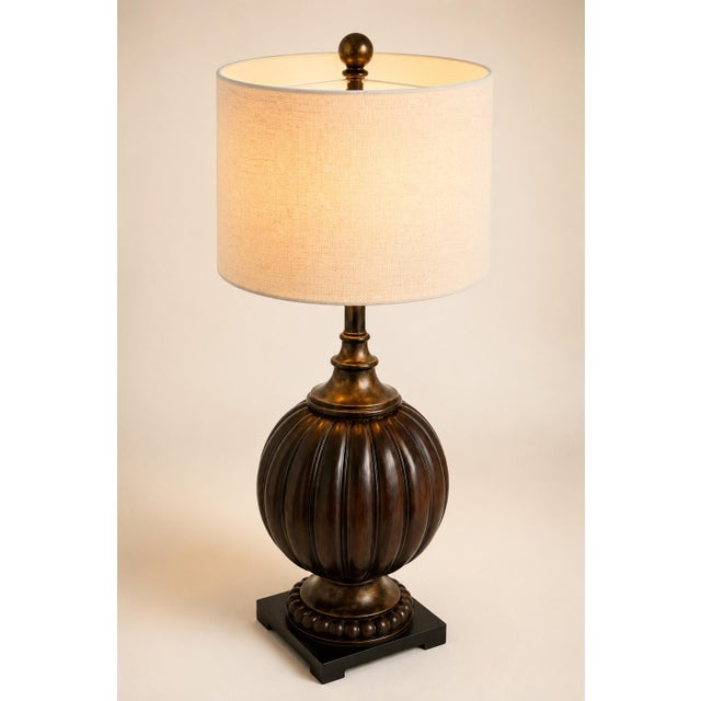 Vintage Fluted Melon-Form Table Lamp With Ivory Linen Drum Shade For Sale - Image 4 of 4