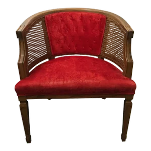 Midcentury Walnut Tub Chair With Caning in Crushed Red Velvet