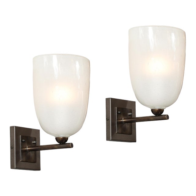 Pair of Modernist Hand-Blown Murano Glass Pulegoso Sconces in Oil Rubbed Bronze For Sale