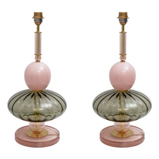 Geometric Murano Glass Table Lamps in Pink and Green in the style of Sottsass, 2000, Set of 2 For Sale