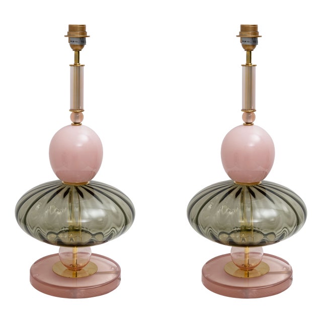 Geometric Murano Glass Table Lamps in Pink and Green in the style of Sottsass, 2000, Set of 2 For Sale