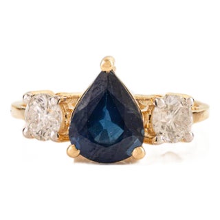 1.7 Ct Pear Sapphire Diamond Early Art Deco Ring Size 6.5 in 14k Gold For Sale