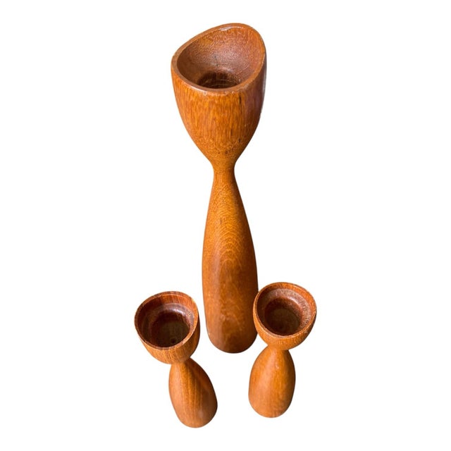 1960s Vintage Danish Modern Sculptural Teak Candle Holders – Set of 3 For Sale - Image 5 of 6